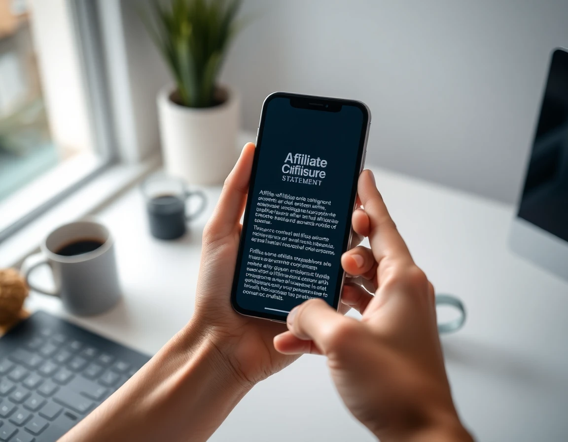 Close-up of smartphone with affiliate disclosure statement in modern workspace