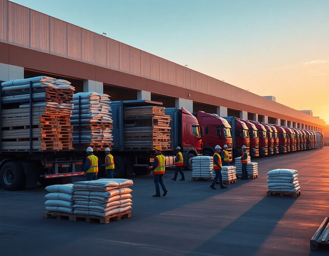 Loading trucks outside warehouse at dawn with workers handling bulk building supplies