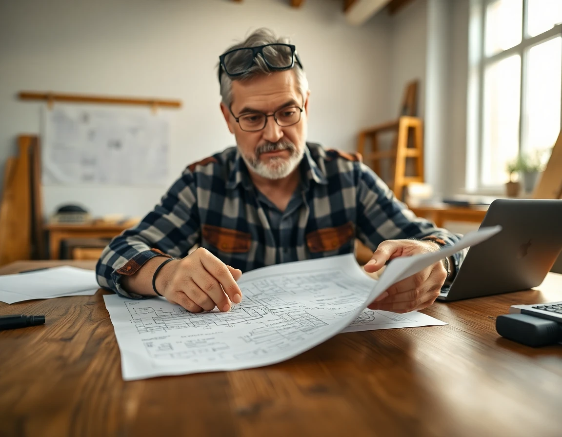 Contractor reviewing blueprint on wooden table with tools, detailed planning scene