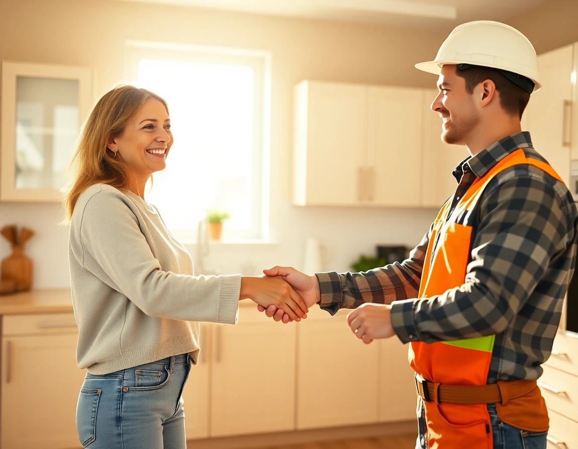 Homeowner and contractor shaking hands in modern kitchen, trusting partnership scene