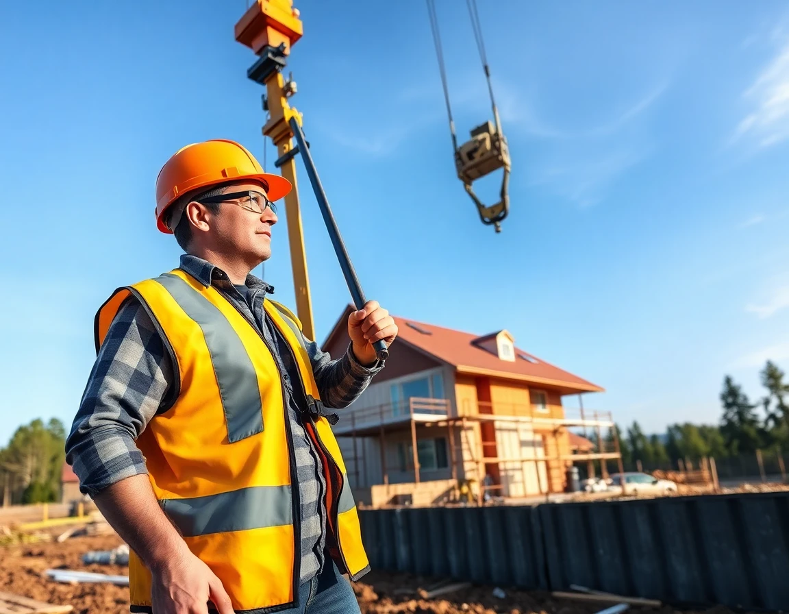 Construction worker operating crane on residential building site, dynamic outdoor scene
