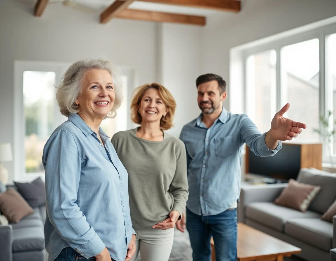 Homeowner inspecting painted wall with contractor, satisfied interior renovation scene