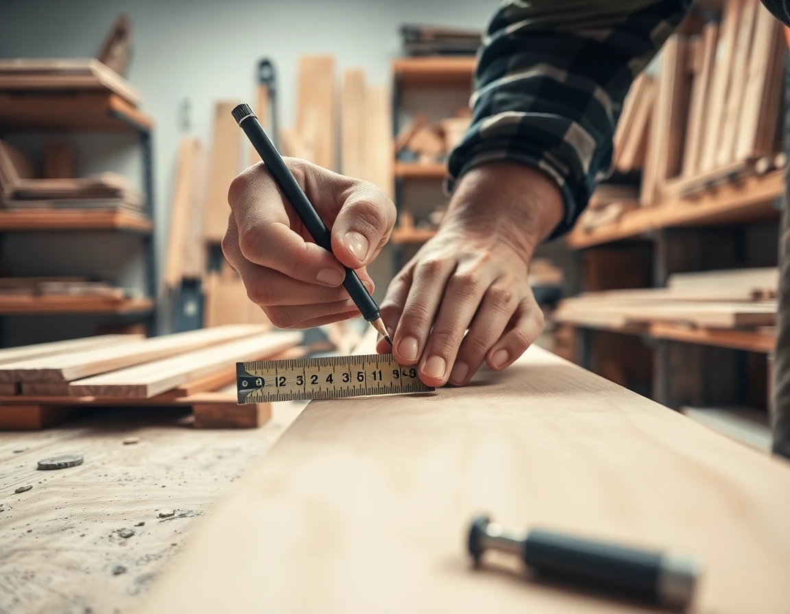 Close-up of carpenter's hands measuring wood in workshop with tools and shelves