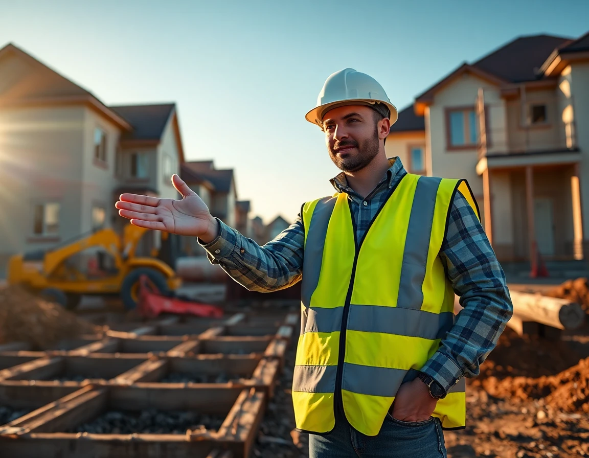 Construction supervisor directing site work at residential build with machinery and workers