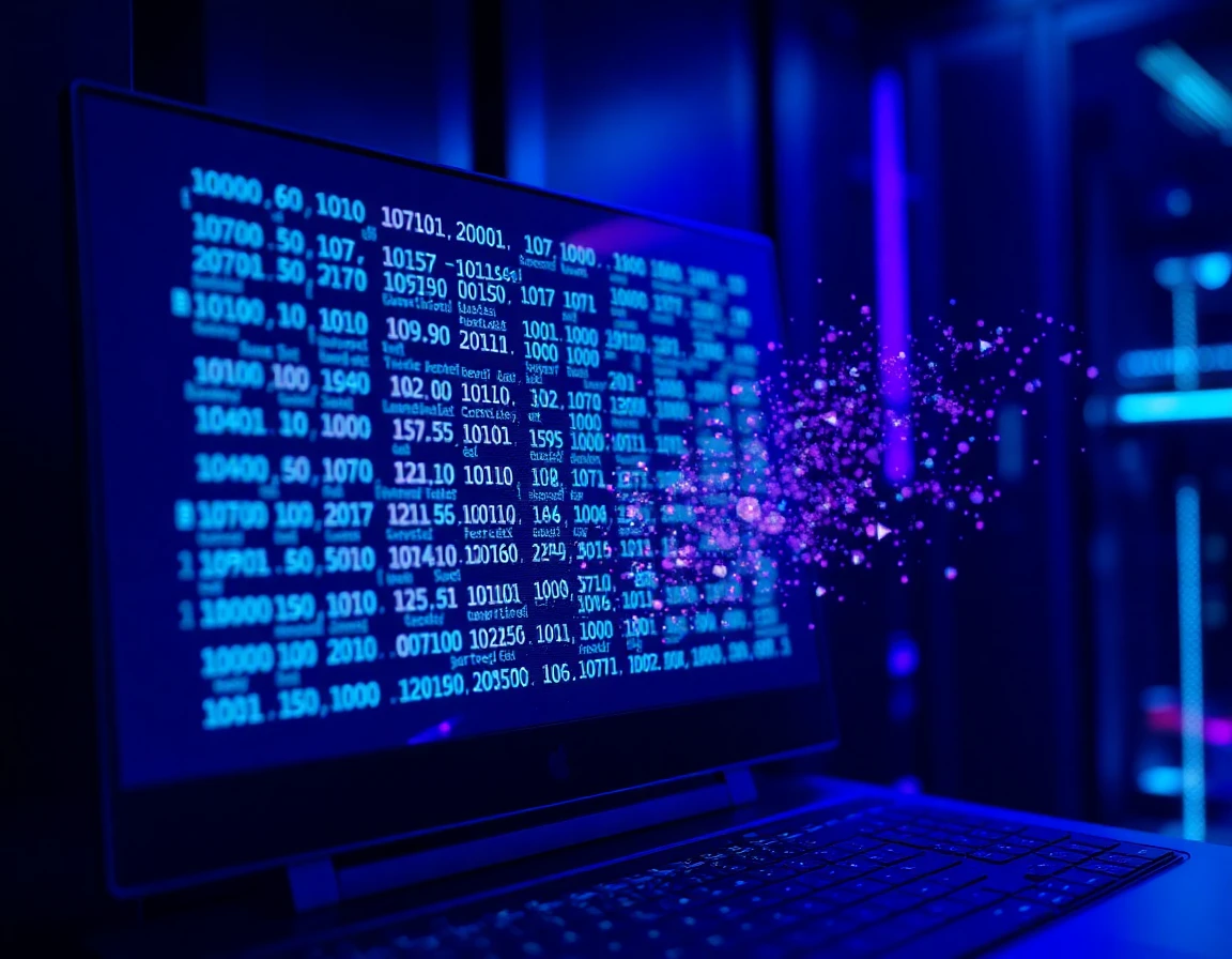 Close-up of binary code dissolving symbolizing digital data removal in a dark data center