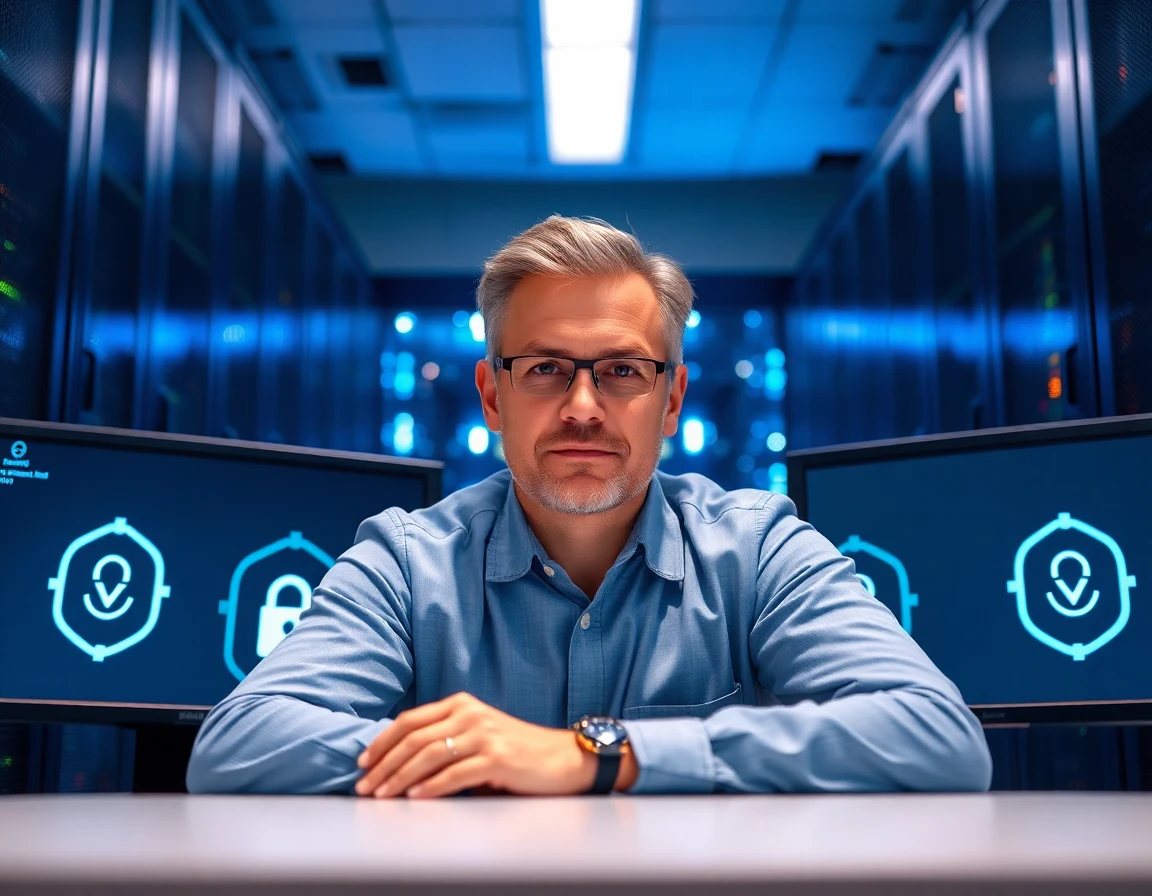 IT specialist managing content removal on dual monitors in a secure server room