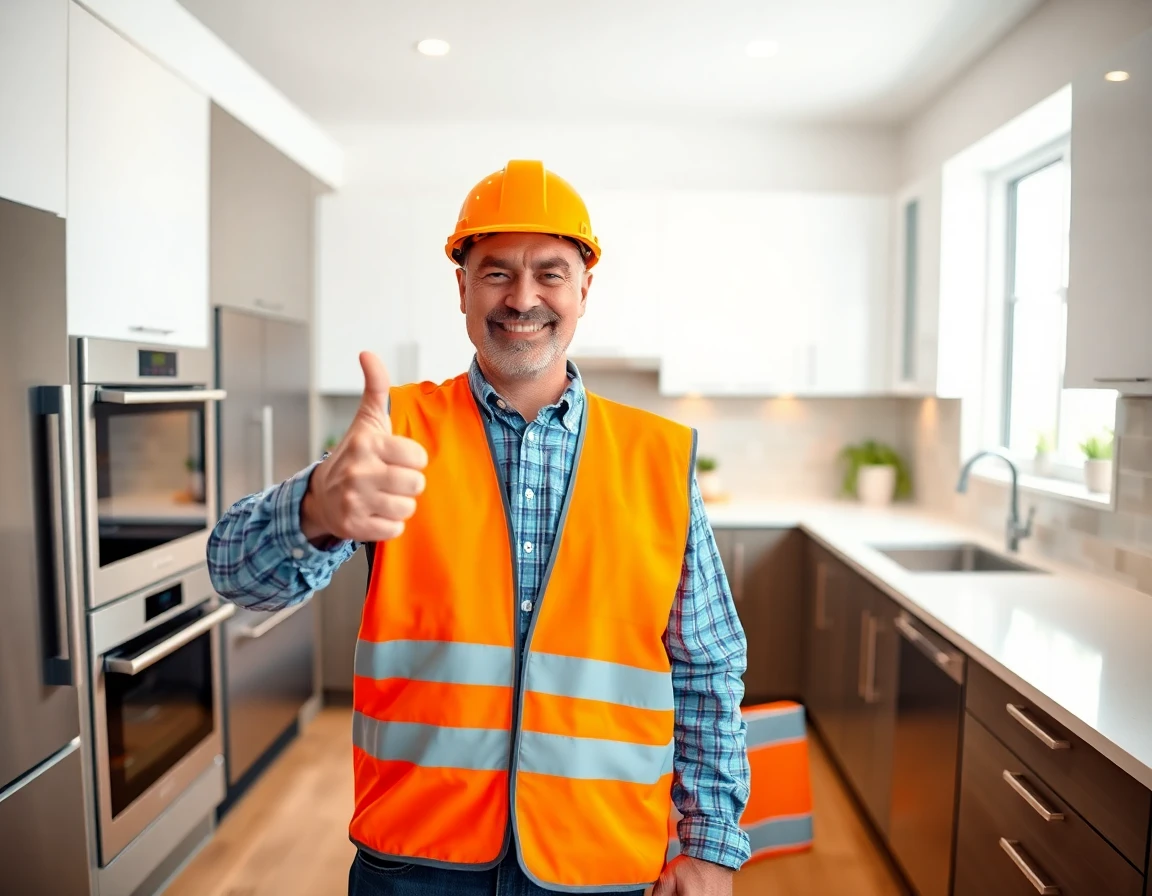 Contractor giving thumbs-up inside modern renovated kitchen