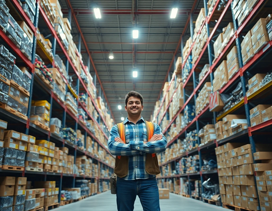 Contractor selecting bulk hardware fittings from organized warehouse shelves