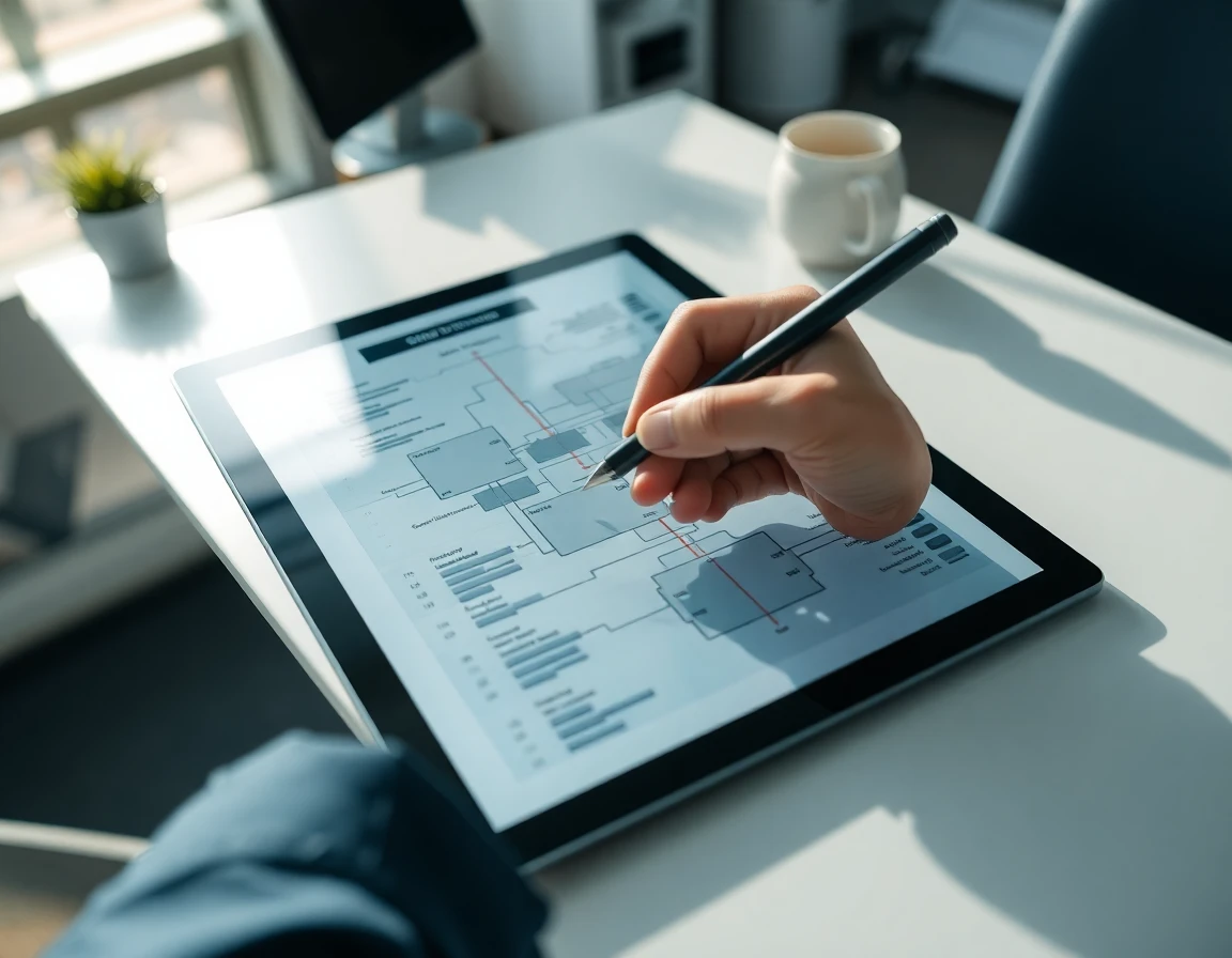 Close-up of hand using stylus on digital tablet displaying sitemap for article section
