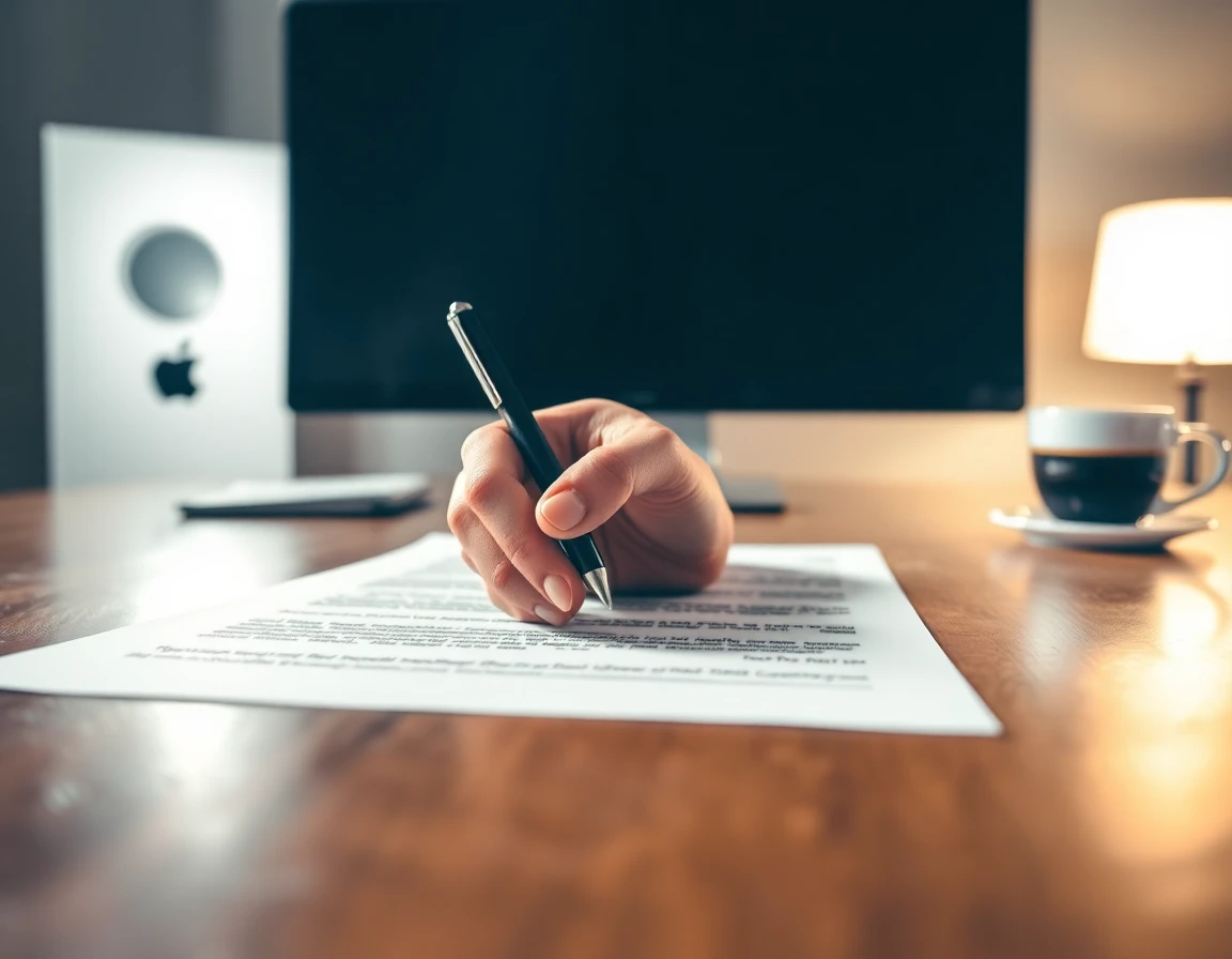 Close-up of hand signing disclaimer document on wooden table with soft lighting