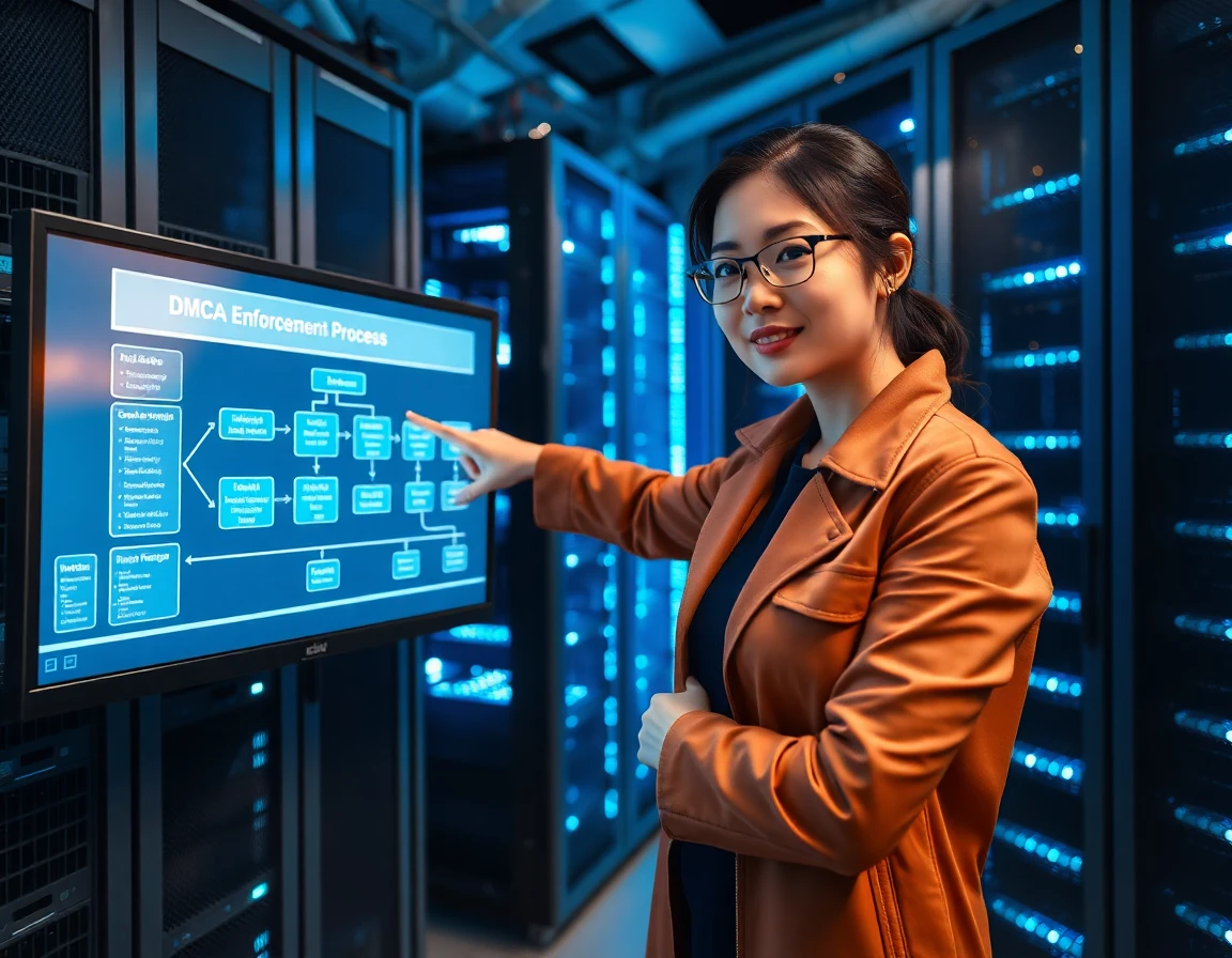 Young female IT professional explaining DMCA enforcement process in server room