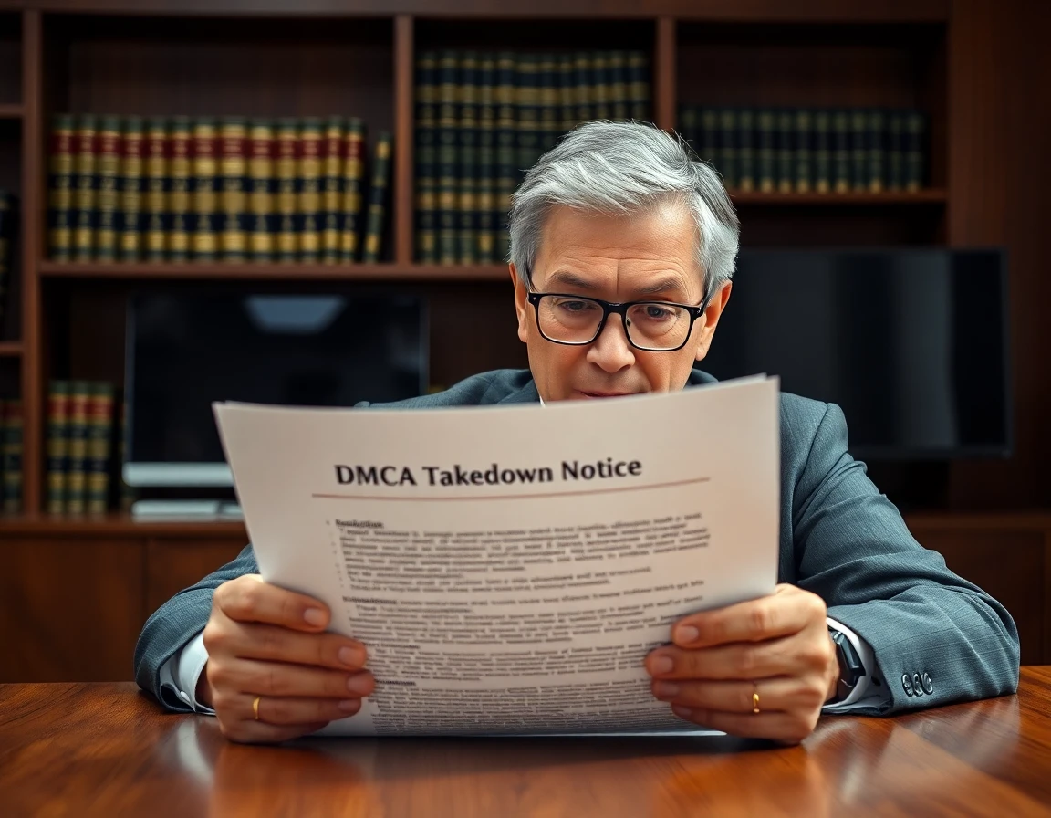Close-up of a legal professional reviewing DMCA takedown notice documents in a professional setting