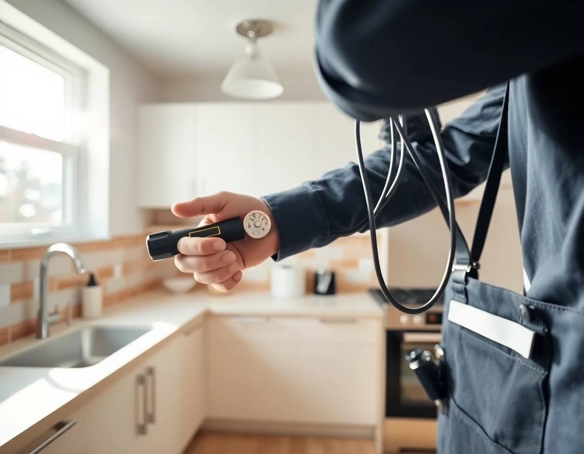 Electrician installing wiring in modern kitchen with tools and cabinetry