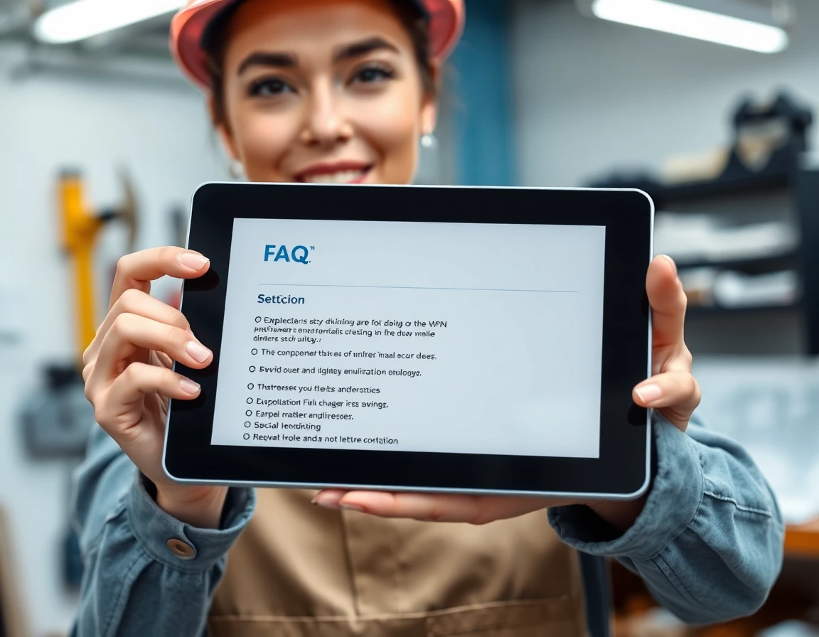 Digital tablet displaying FAQ held by female contractor in workshop, tech-savvy