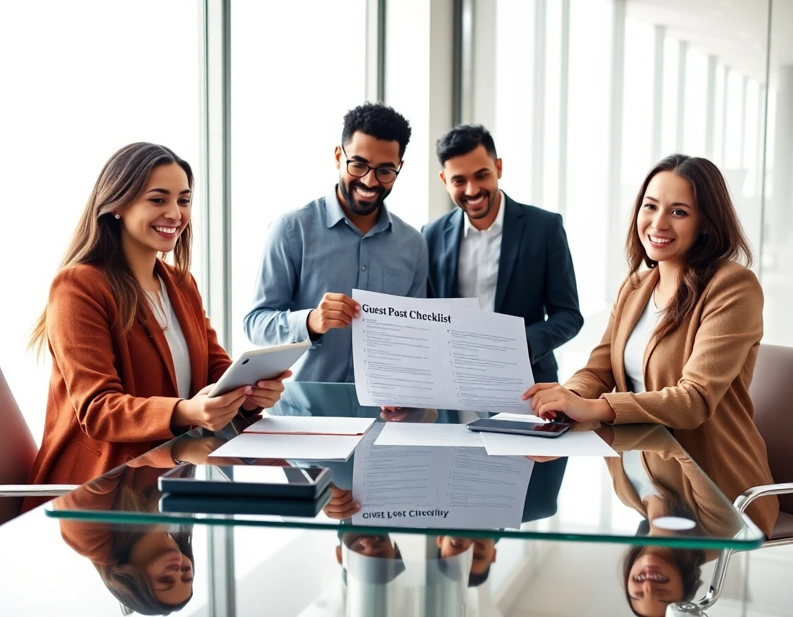 Diverse editors reviewing guest post checklist in bright conference room, professional collaborative scene