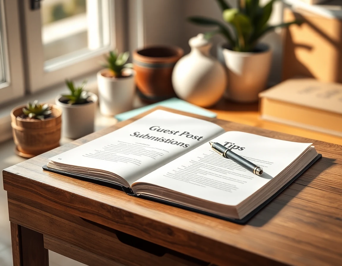 Open notebook with guest post tips on wooden desk, cozy home office scene