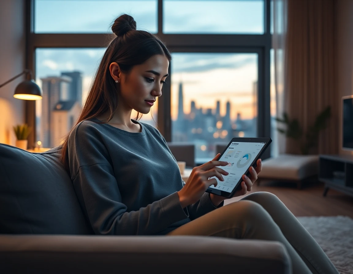 Young entrepreneur working on white-label service dashboard in stylish home office at dusk