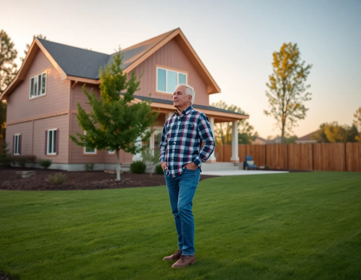 Homeowner viewing construction site at dawn in landscaped yard with construction house in background