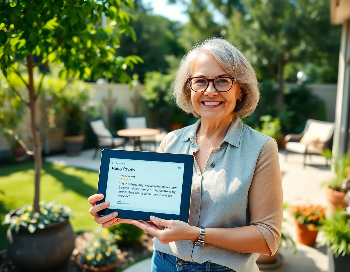 Confident female homeowner sharing testimonial outdoors in lush backyard