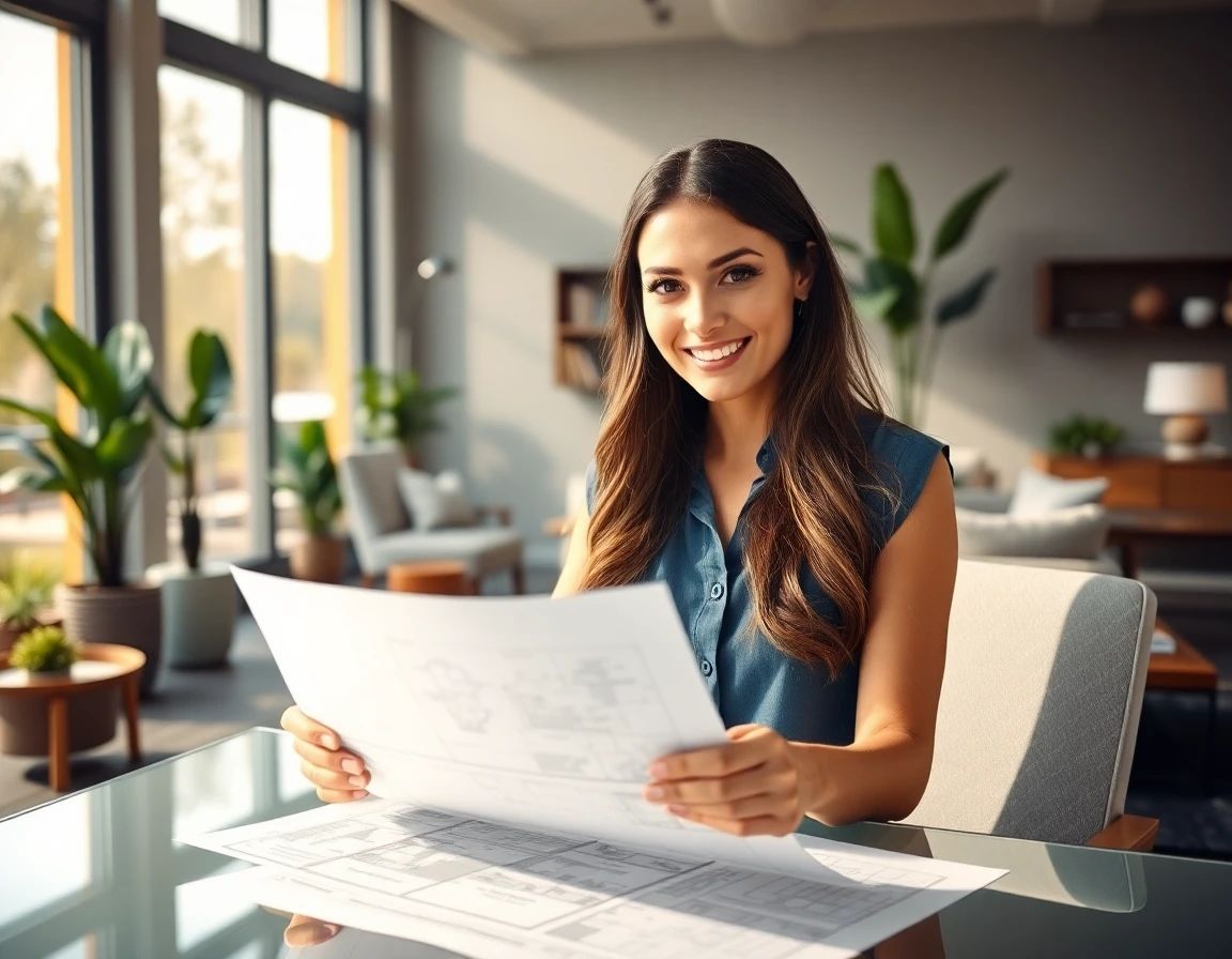 Interior designer analyzing blueprints in a bright, modern home office with stylish decor