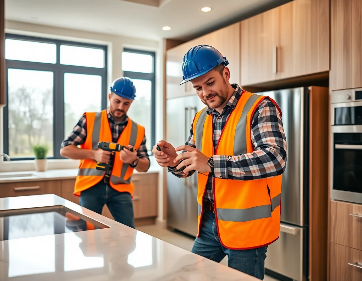 Contractors installing kitchen cabinets in a modern home interior for case study
