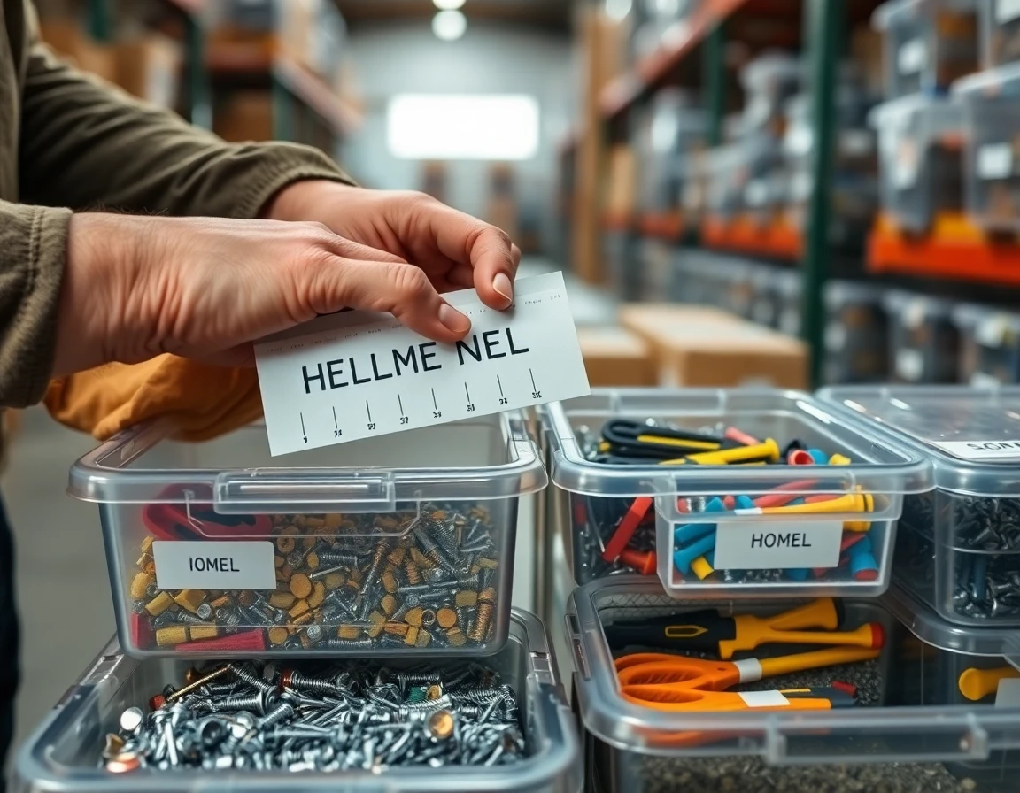 Close-up of contractor labeling organized hardware storage containers