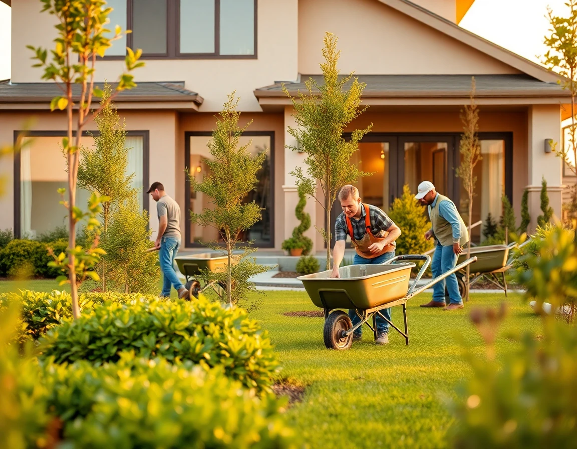 Landscape contractors planting trees outside a modern home during sunset with lush greenery