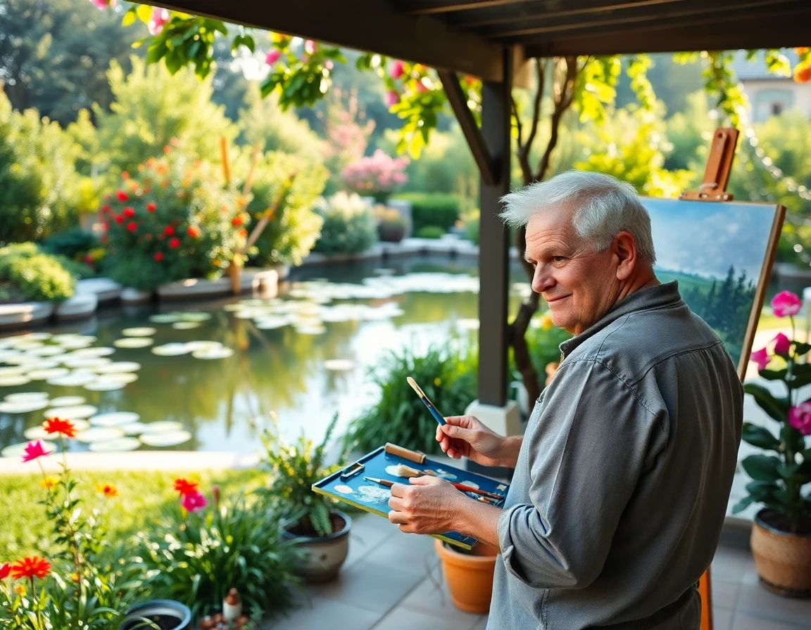 Landscape painter working outdoors in lush garden with vibrant colors