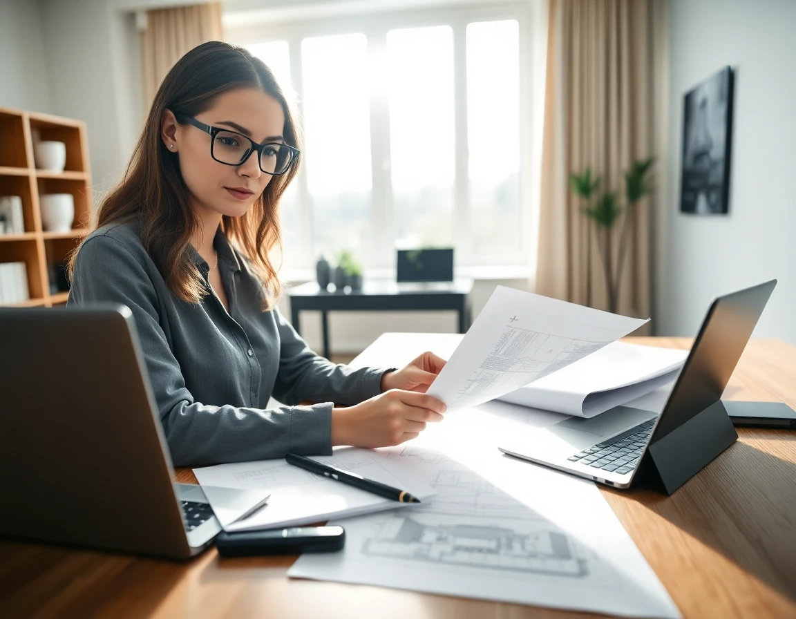 Woman reviewing legal documents in a bright home office with blueprints and laptop