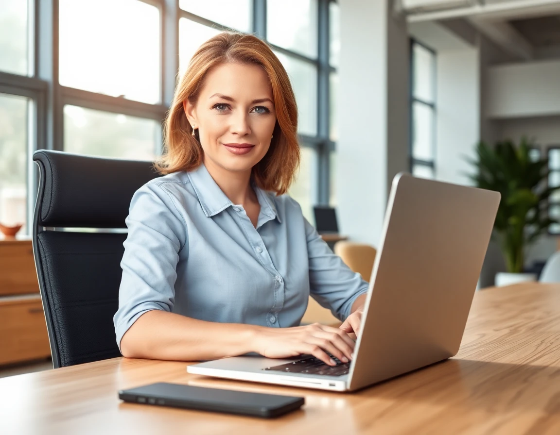 focused woman inserting links into website on laptop in modern office