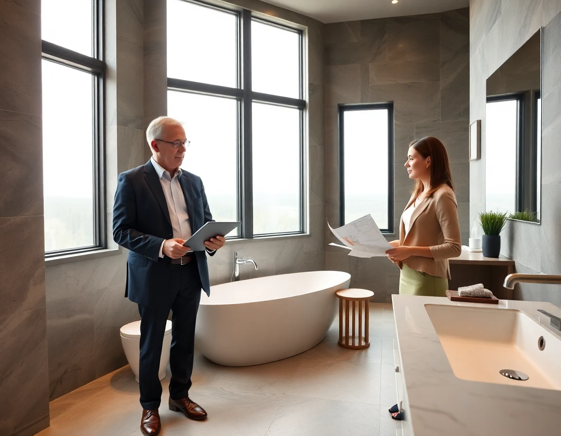 Elegant bathroom design showcasing fixtures and natural lighting with designer and client