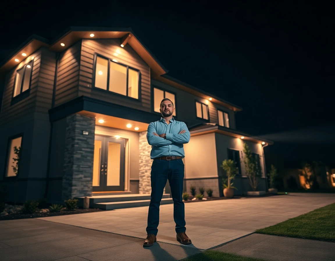 Contractor inspecting modern home exterior at night with dramatic lighting