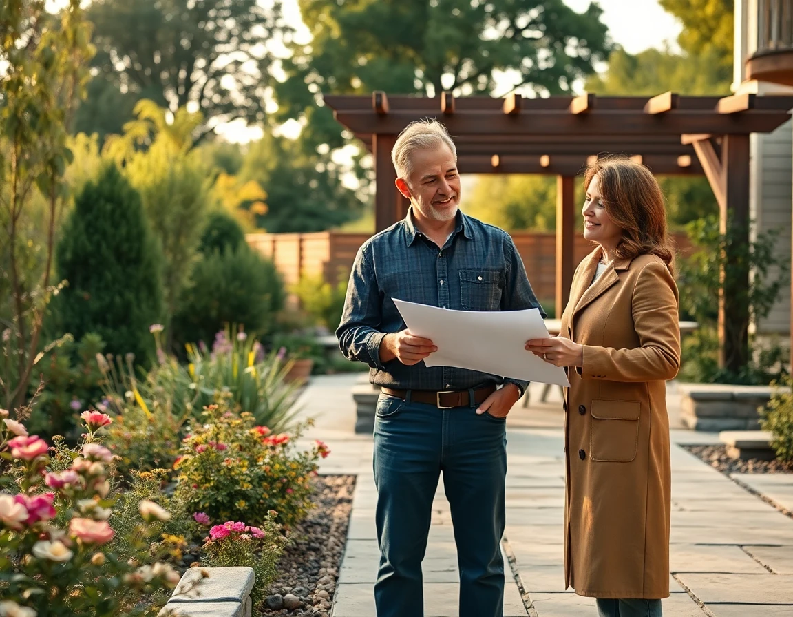 Contractor and homeowner discussing outdoor patio project in lush garden
