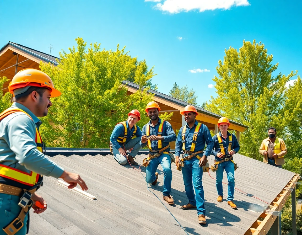 Team of craftsmen installing roofing on a residential home with bright midday sunlight