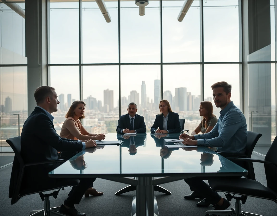 Business professionals in conference room discussing at glass table with city view