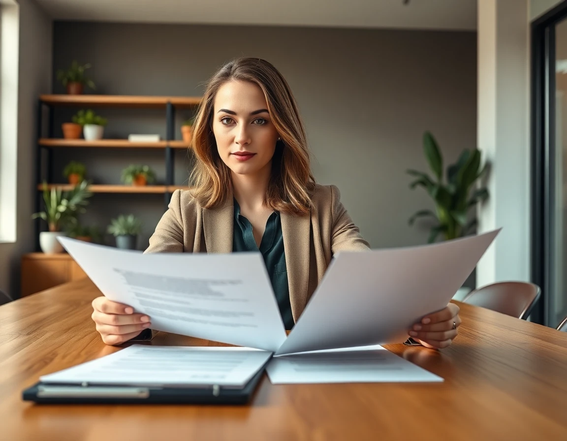 Young professional woman reviewing contracts at conference table with natural light