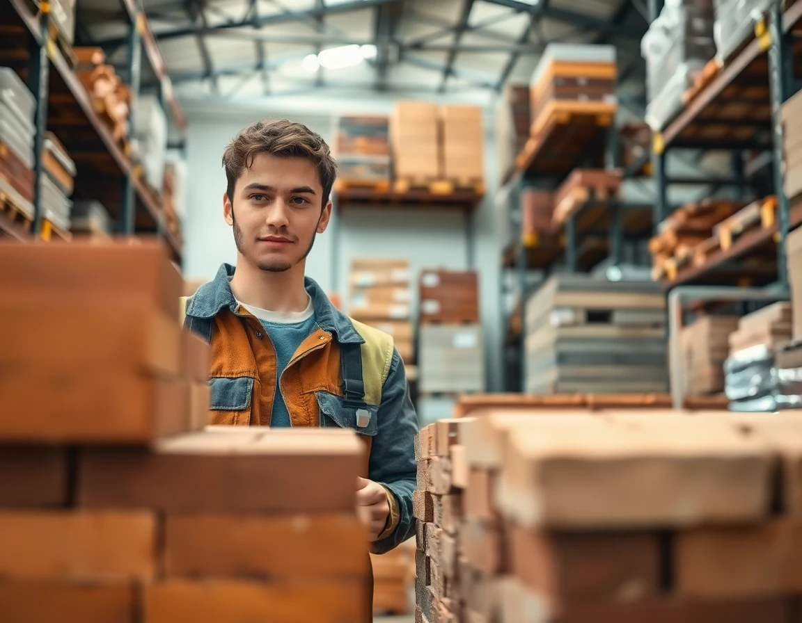 Close-up of a worker inspecting pallets of tiles and bricks in a warehouse