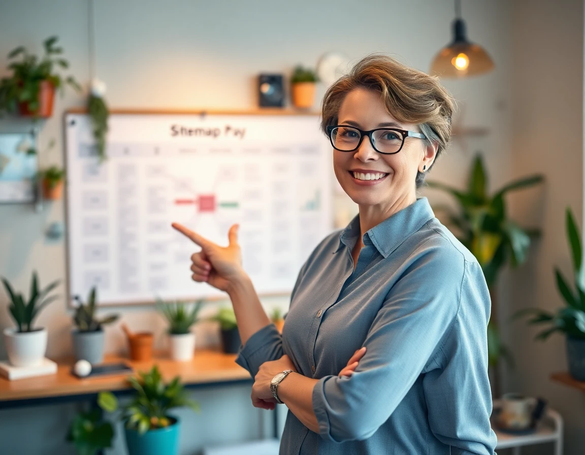 Web designer pointing at sitemap diagram in creative workspace for article section