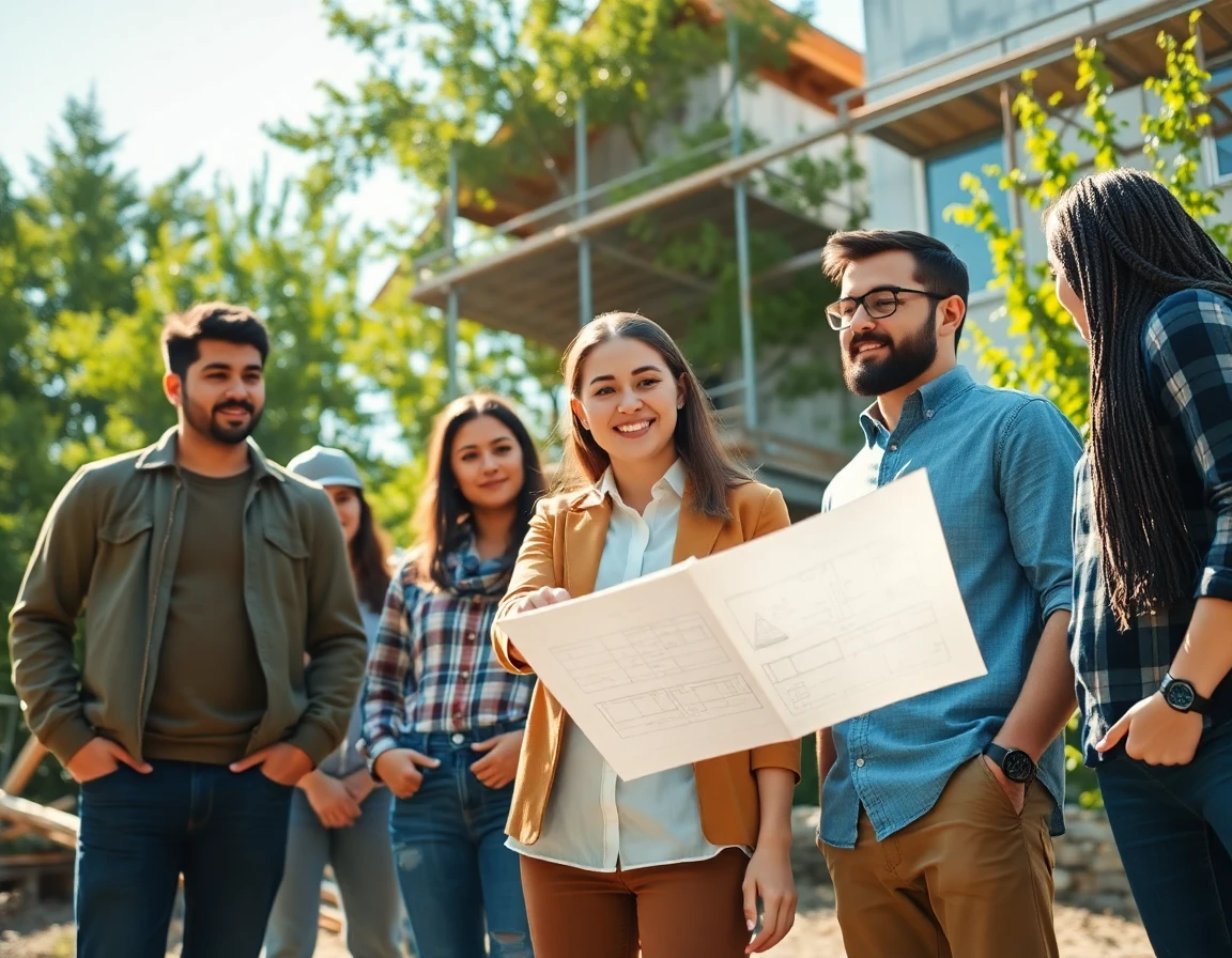 Team of professionals collaborating outdoors on construction blueprints