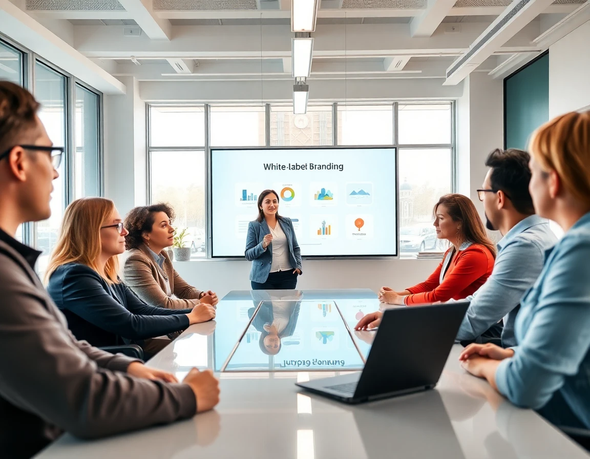 Team of professionals collaborating on white-label branding strategy in modern conference room