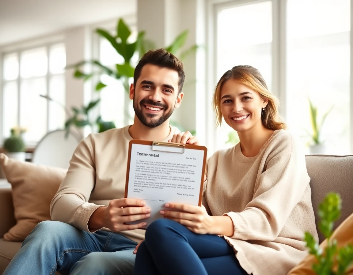 Happy couple sharing testimonial in bright modern living room