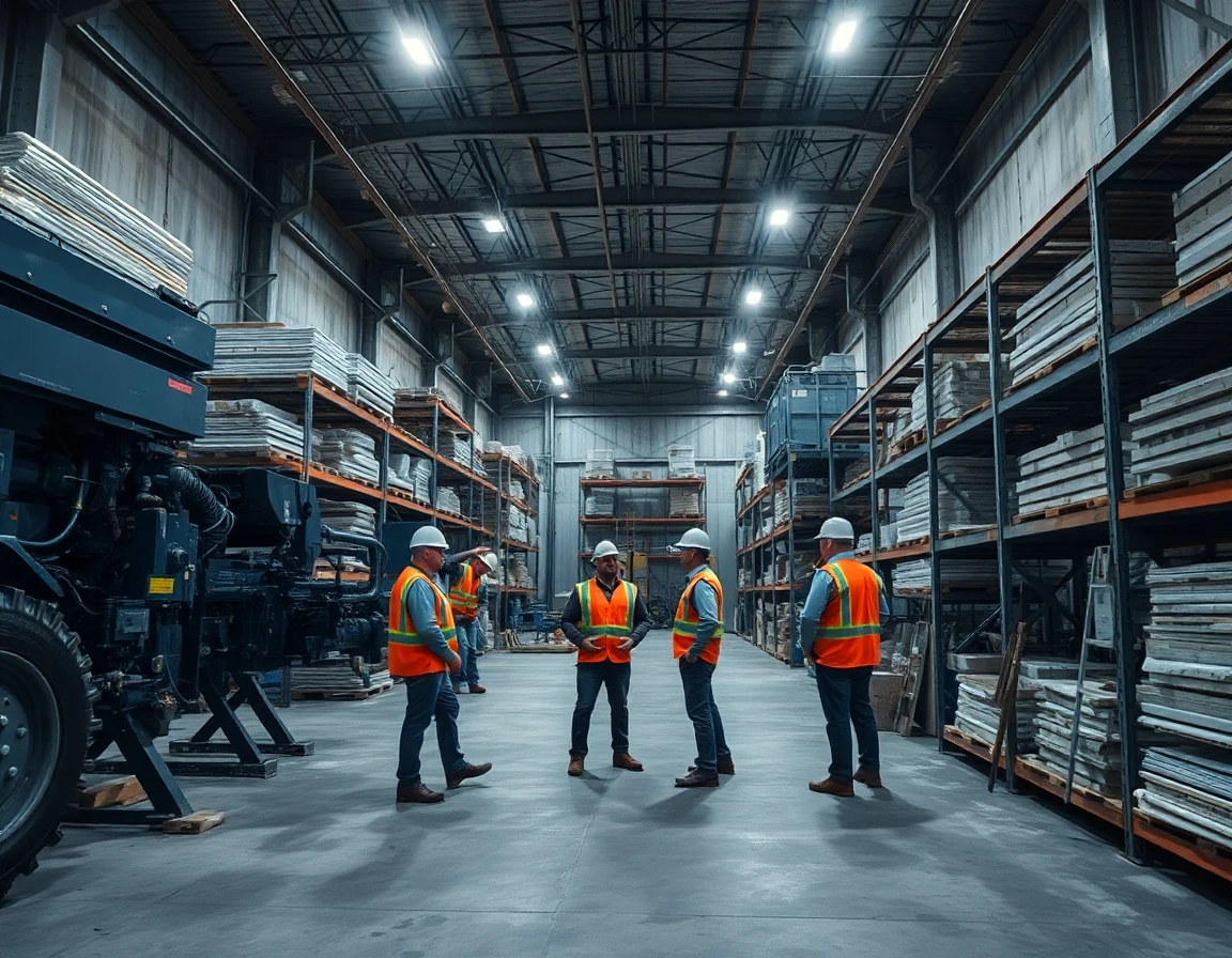 Contractors inspecting machinery inside a busy industrial warehouse