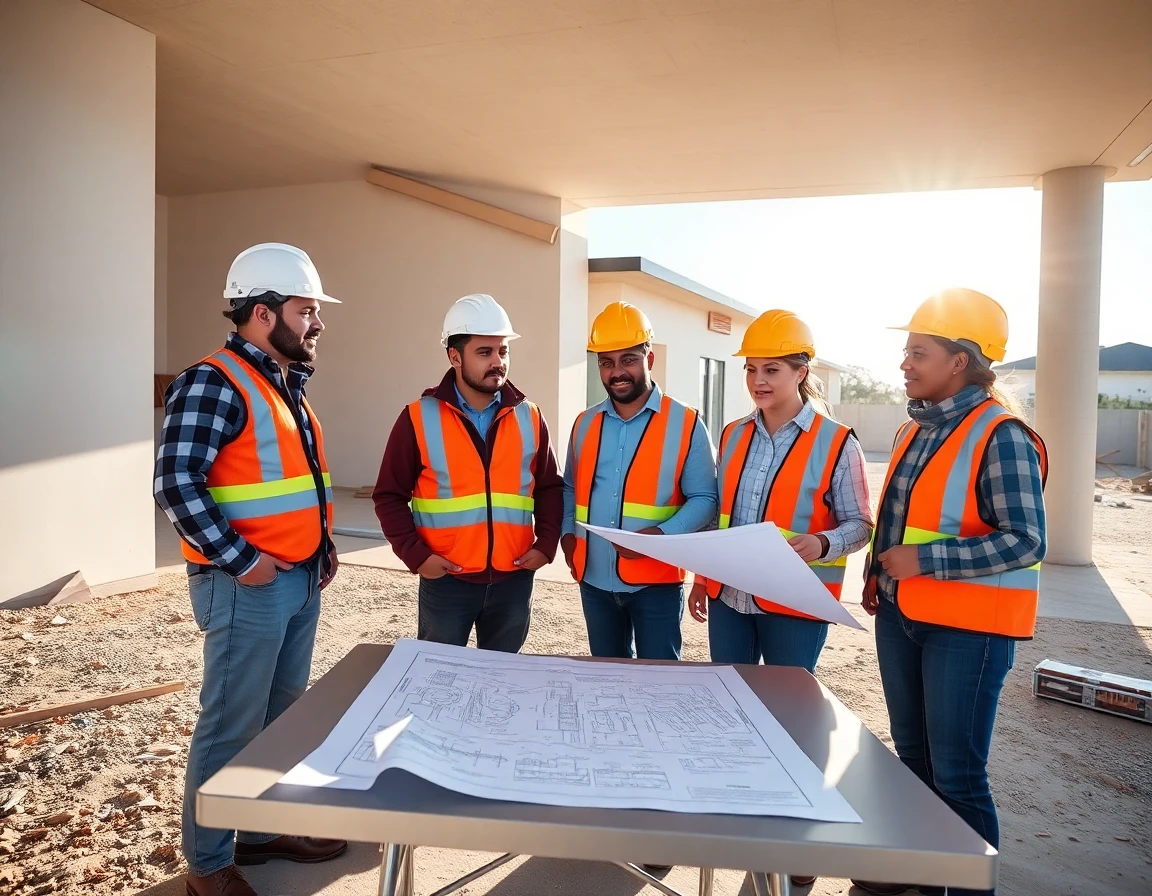 Group of diverse contractors discussing plans at modern home construction site