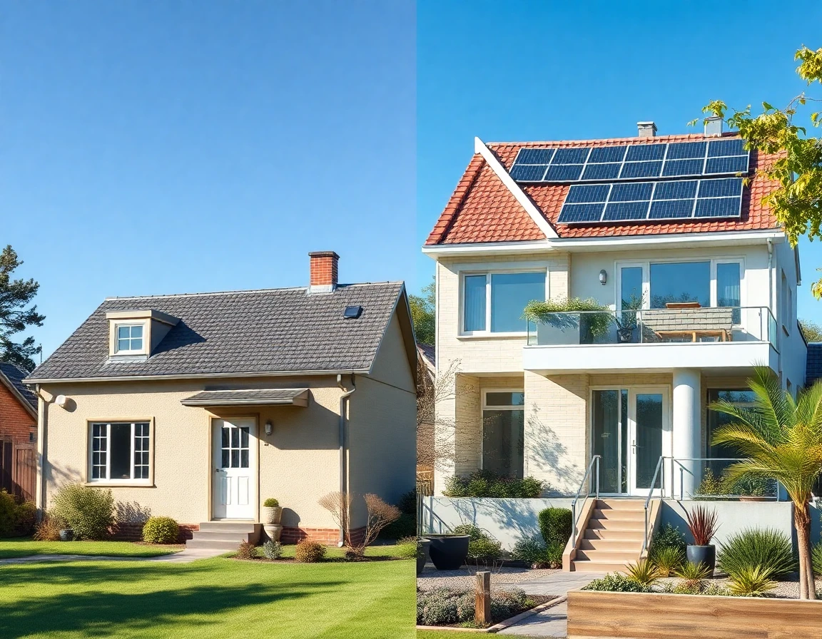 Split-screen comparison of traditional and futuristic Bloxburg houses with modern design features
