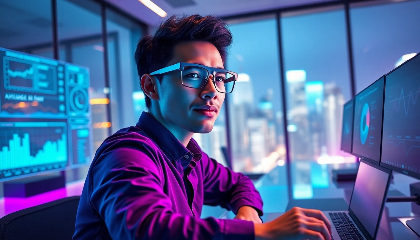Futuristic digital workspace with holograms, young professional, neon lighting, high-tech city background