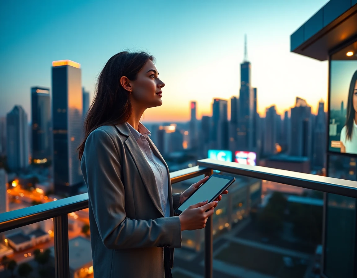 Young woman overlooking city skyline at dusk with tablet, modern balcony, inspiring futuristic atmosphere