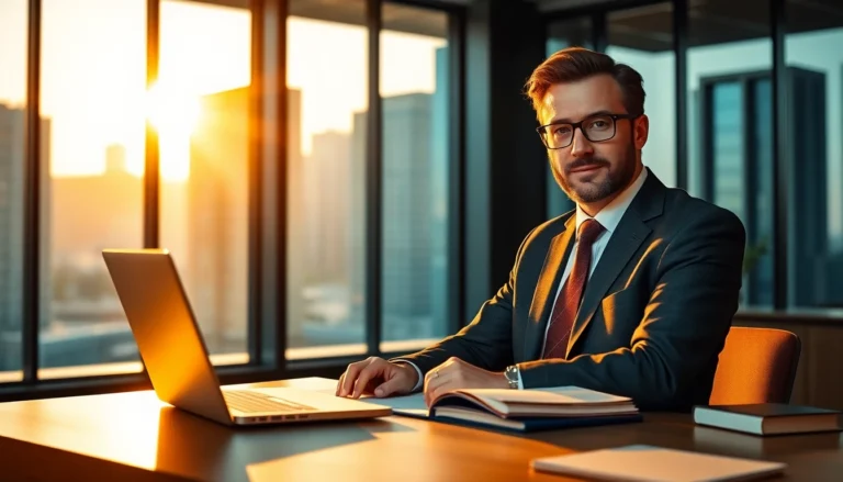 Professional lawyer in modern office with legal books and city view, cinematic wide banner