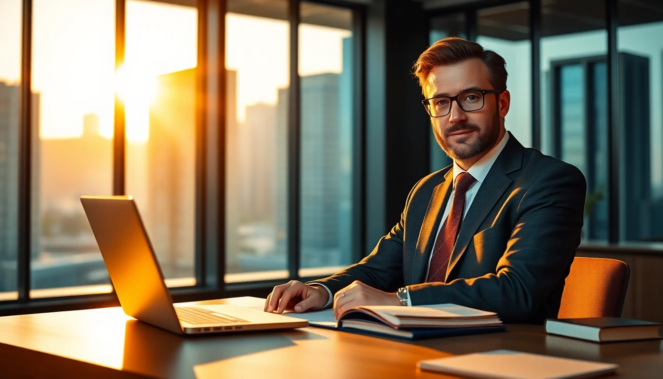 Professional lawyer in modern office with legal books and city view, cinematic wide banner