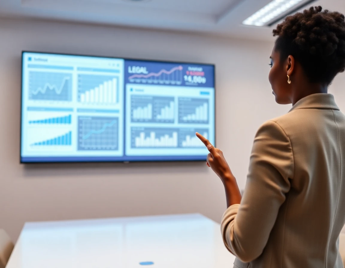 Legal expert presenting insights in modern conference room with digital screen, professional atmosphere