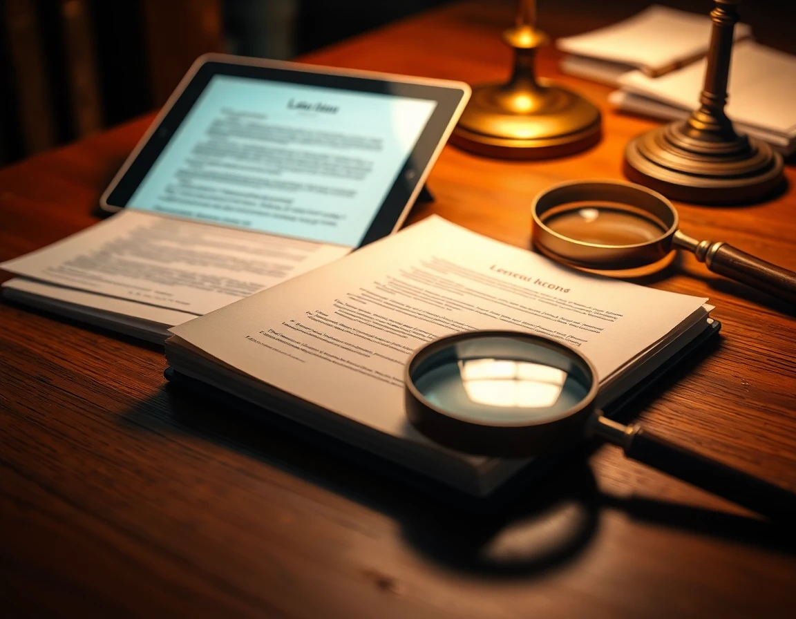 Close-up of legal research tools including pad, tablet, and magnifying glass on wooden desk